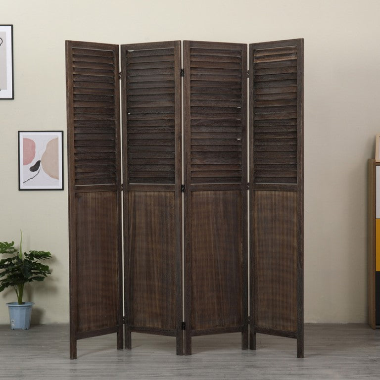 English Elm Antique Brown Paulownia Wood Four Panel Louvered Room Divider Rustic Farmhouse Style B011P569496