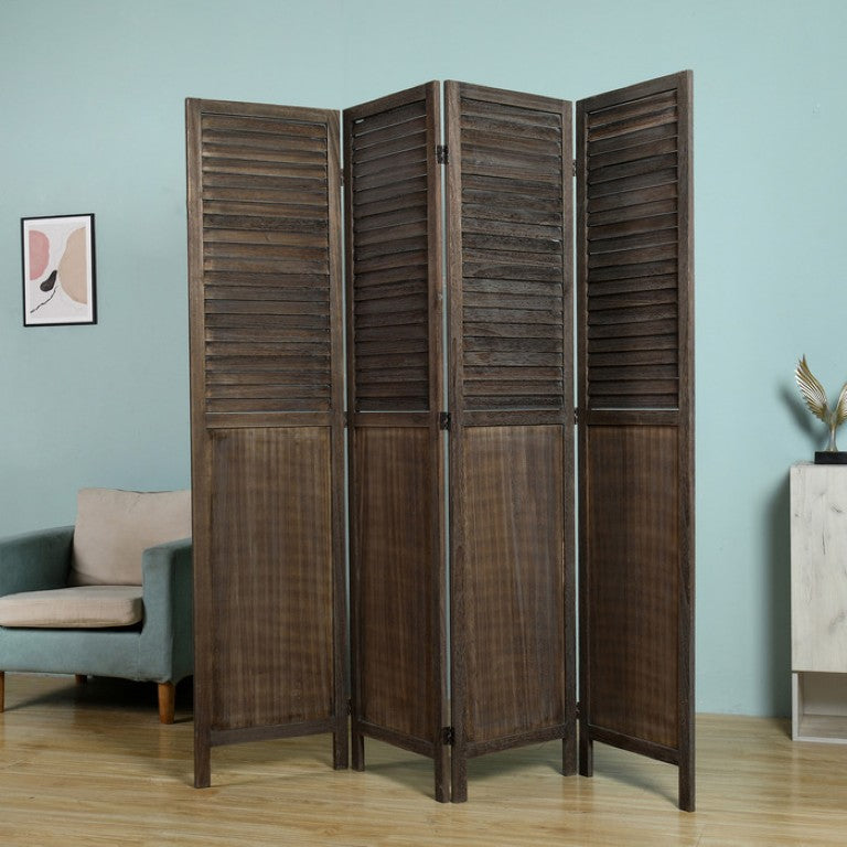 English Elm Antique Brown Paulownia Wood Four Panel Louvered Room Divider Rustic Farmhouse Style B011P569496