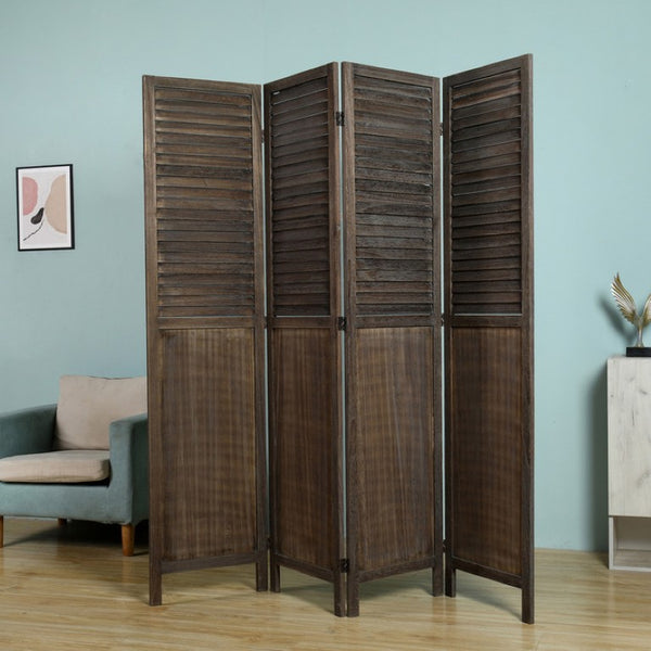 English Elm Antique Brown Paulownia Wood Four Panel Louvered Room Divider Rustic Farmhouse Style B011P569496