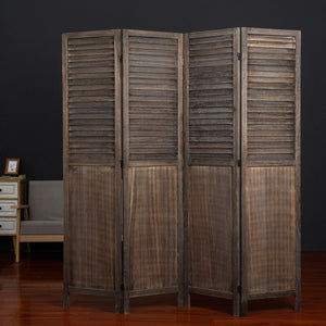 English Elm Antique Brown Paulownia Wood Four Panel Louvered Room Divider Rustic Farmhouse Style B011P569496