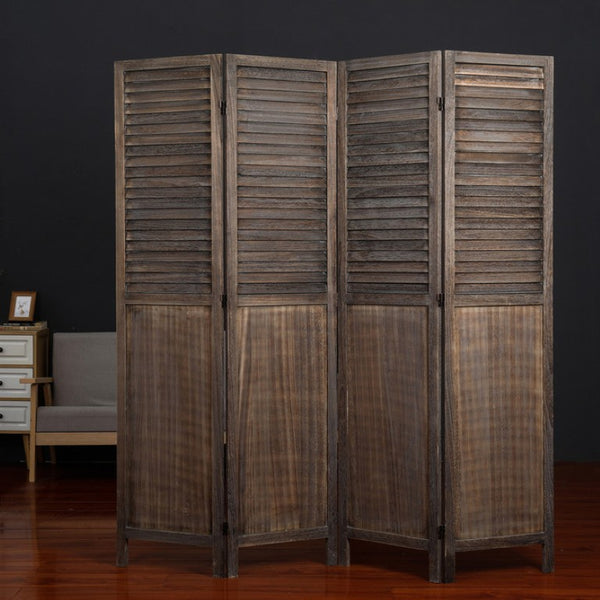 English Elm Antique Brown Paulownia Wood Four Panel Louvered Room Divider Rustic Farmhouse Style B011P569496