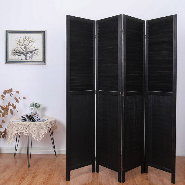 English Elm Light Paulownia Wood Louvered Four Panel Room Divider with Rustic Farmhouse Appeal Black B011P569509