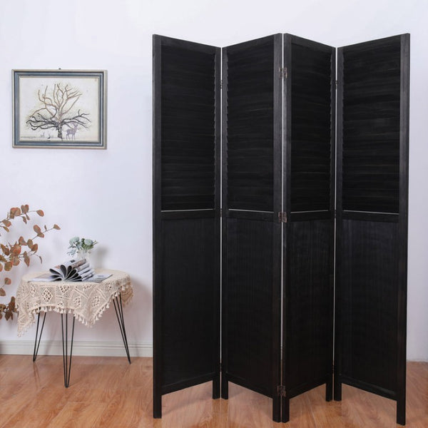 English Elm Light Paulownia Wood Louvered Four Panel Room Divider with Rustic Farmhouse Appeal Black B011P569509