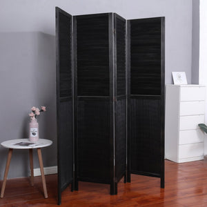 English Elm Light Paulownia Wood Louvered Four Panel Room Divider with Rustic Farmhouse Appeal Black B011P569509