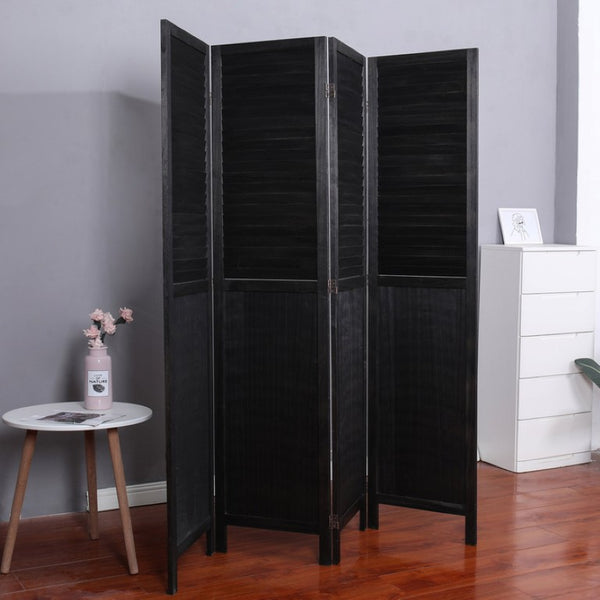 English Elm Light Paulownia Wood Louvered Four Panel Room Divider with Rustic Farmhouse Appeal Black B011P569509