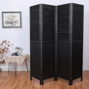 English Elm Light Paulownia Wood Louvered Four Panel Room Divider with Rustic Farmhouse Appeal Black B011P569509