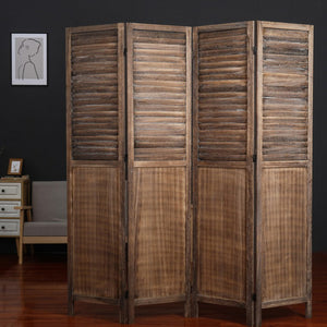 English Elm Light Paulownia Wood Louvered Four Panel Room Divider with Rustic Farmhouse Appeal Light Brown B011P569510