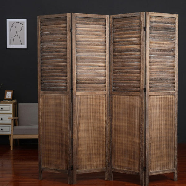 English Elm Light Paulownia Wood Louvered Four Panel Room Divider with Rustic Farmhouse Appeal Light Brown B011P569510