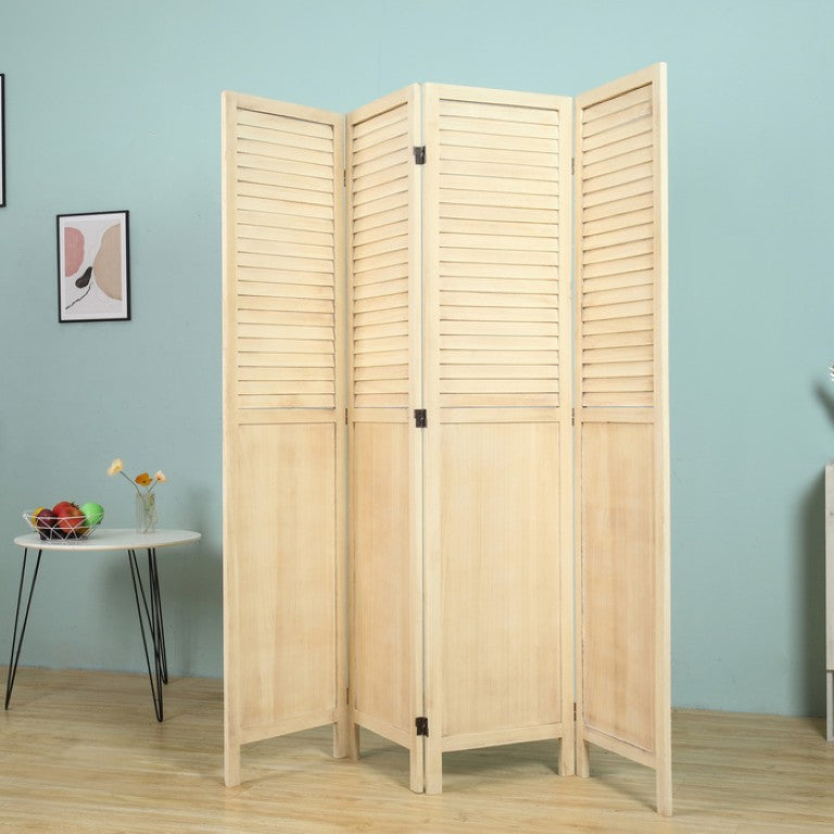 English Elm Natural Paulownia Wood Louvered Four Panel Room Divider with Rustic Shutter Design B011P569517
