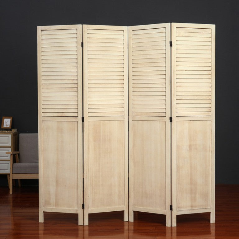 English Elm Natural Paulownia Wood Louvered Four Panel Room Divider with Rustic Shutter Design B011P569517
