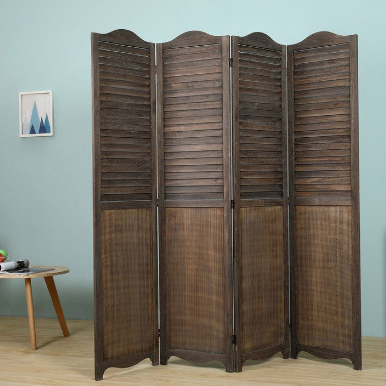 English Elm Antique Brown Paulownia Wood Four Panel Louvered Folding Screen with Arc Top Detail B011P569521