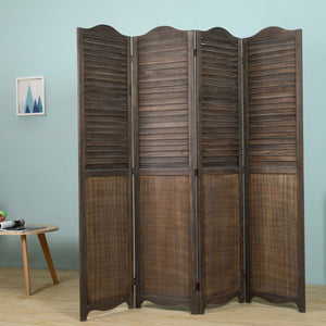 English Elm Antique Brown Paulownia Wood Four Panel Louvered Folding Screen with Arc Top Detail B011P569521