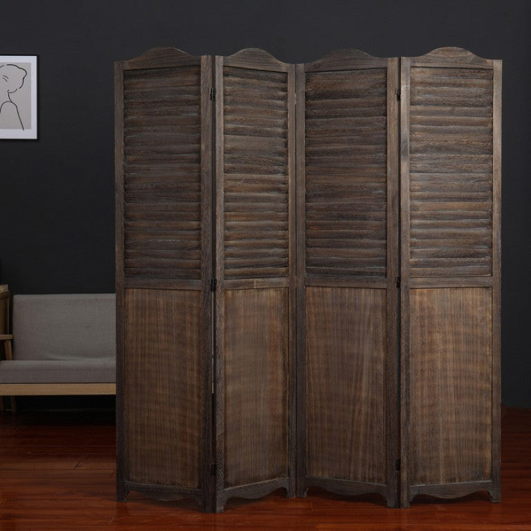 English Elm Antique Brown Paulownia Wood Four Panel Louvered Folding Screen with Arc Top Detail B011P569521