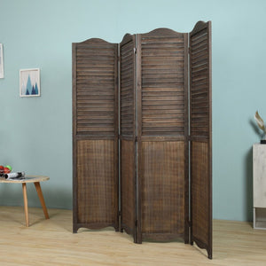 English Elm Antique Brown Paulownia Wood Four Panel Louvered Folding Screen with Arc Top Detail B011P569521