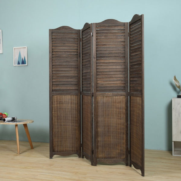 English Elm Antique Brown Paulownia Wood Four Panel Louvered Folding Screen with Arc Top Detail B011P569521
