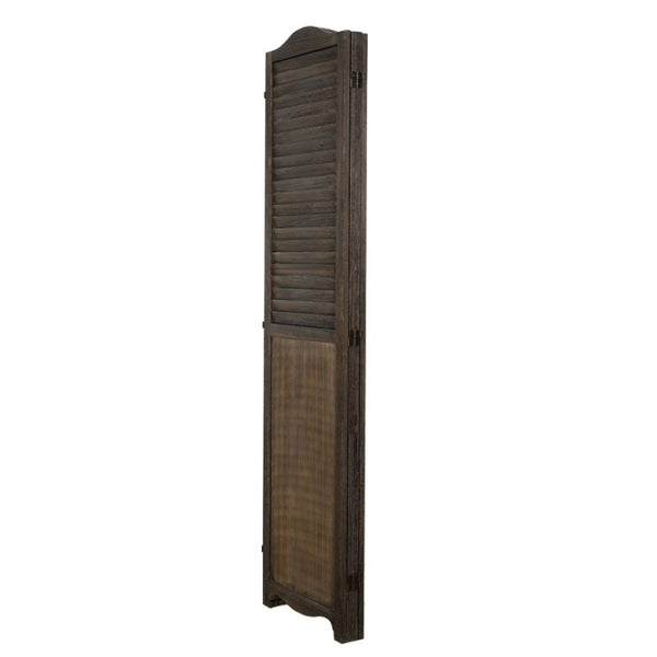 English Elm Antique Brown Paulownia Wood Four Panel Louvered Folding Screen with Arc Top Detail B011P569521