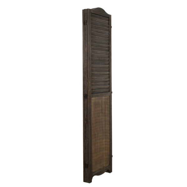 English Elm Antique Brown Paulownia Wood Four Panel Louvered Folding Screen with Arc Top Detail B011P569521