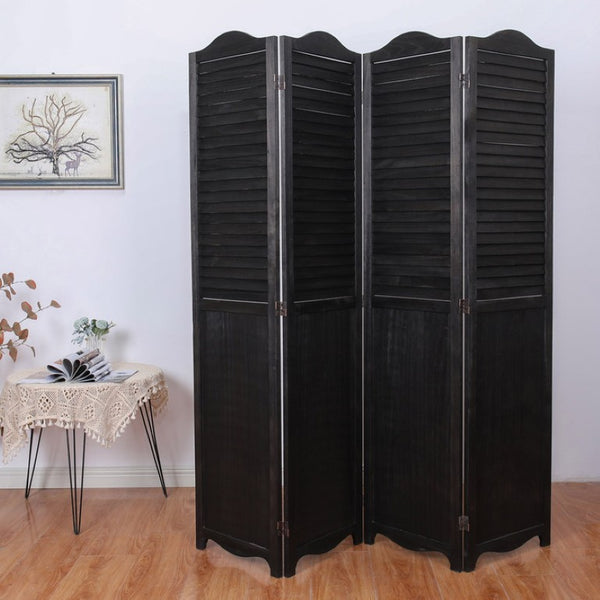 English Elm Black Paulownia Wood Arched Louvered Four Panel Room Divider Farmhouse Folding Screen B011P569522