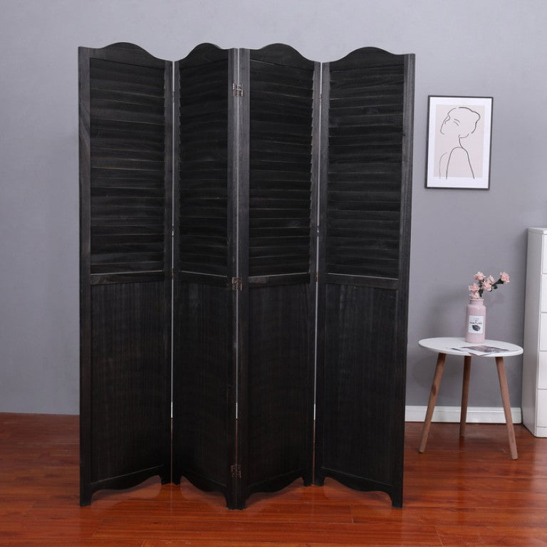 English Elm Black Paulownia Wood Arched Louvered Four Panel Room Divider Farmhouse Folding Screen B011P569522