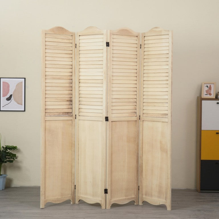 English Elm Natural Paulownia Wood Four Panel Louvered Room Divider with Arched Rustic Shutter Design B011P569523