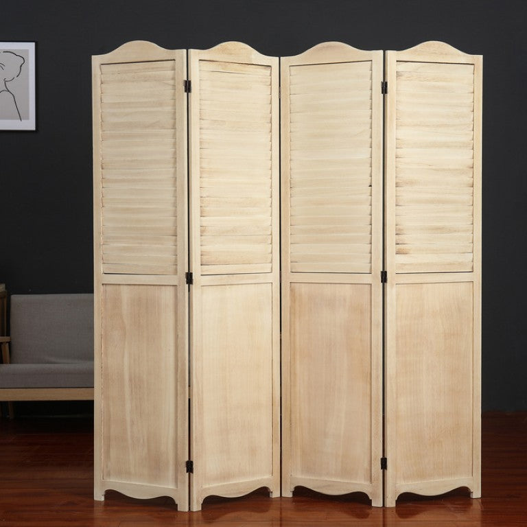 English Elm Natural Paulownia Wood Four Panel Louvered Room Divider with Arched Rustic Shutter Design B011P569523