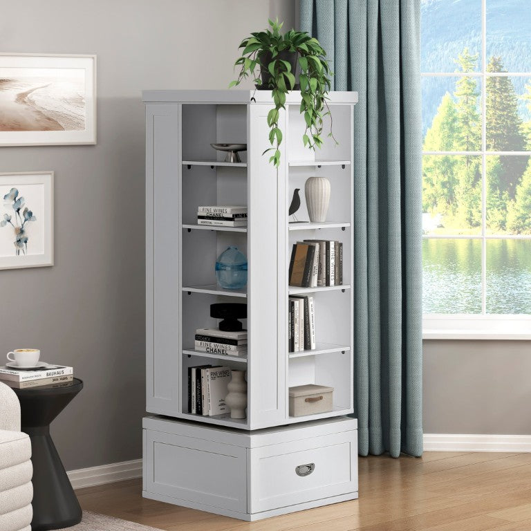 English Elm Modern 360 Degree Swivel Bookcase Tower with 16 Shelves and Drawers White Wood B011P569526