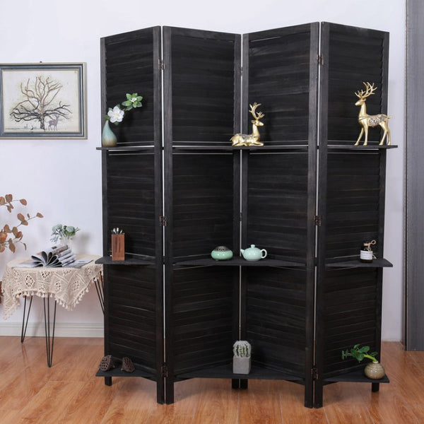 English Elm 4 Panel Louvered Paulownia Wood Folding Screen with Shelves for Farmhouse Spaces B011P569537