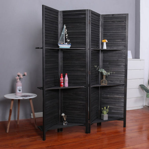 English Elm 4 Panel Louvered Paulownia Wood Folding Screen with Shelves for Farmhouse Spaces B011P569537