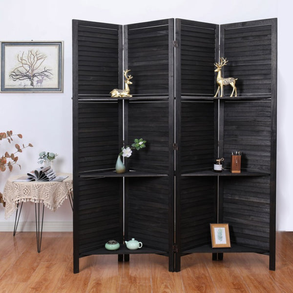 English Elm 4 Panel Louvered Paulownia Wood Folding Screen with Shelves for Farmhouse Spaces B011P569537