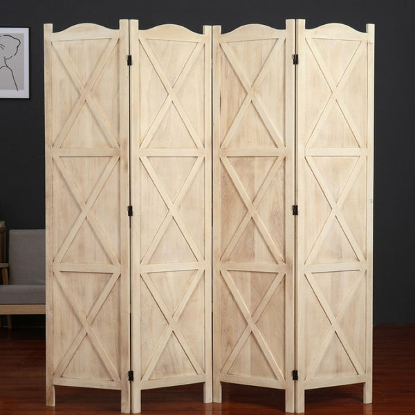 English Elm Country Farmhouse Four Panel Paulownia Wood Room Divider with Arched Lattice Frame B011P569550