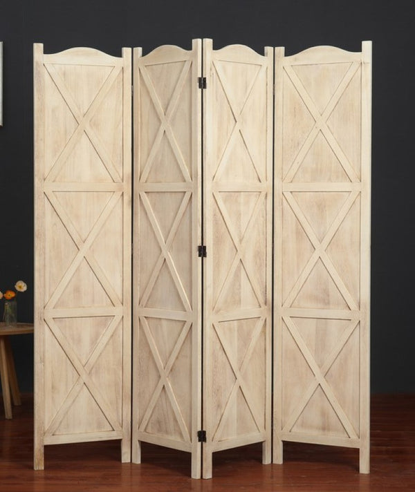 English Elm Country Farmhouse Four Panel Paulownia Wood Room Divider with Arched Lattice Frame B011P569550