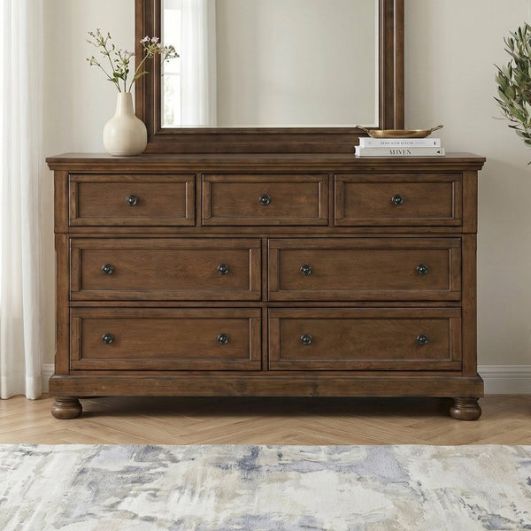 English Elm Traditional Seven Drawer Dresser with Mirror Solid Wood Dark Brown Bedroom Set 7-Drawer Dresser B011P569558