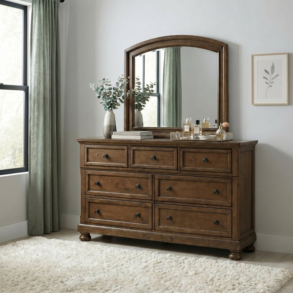 English Elm Traditional Seven Drawer Dresser with Mirror Solid Wood Dark Brown Bedroom Set 7-Drawer Dresser B011P569558