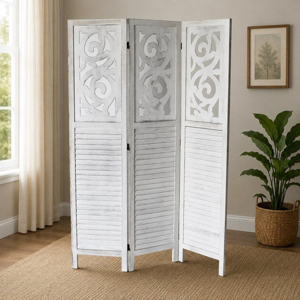 English Elm Traditional Louvered Wood Room Divider with Carved Top Rail in Washed Gray Finish B011P572045