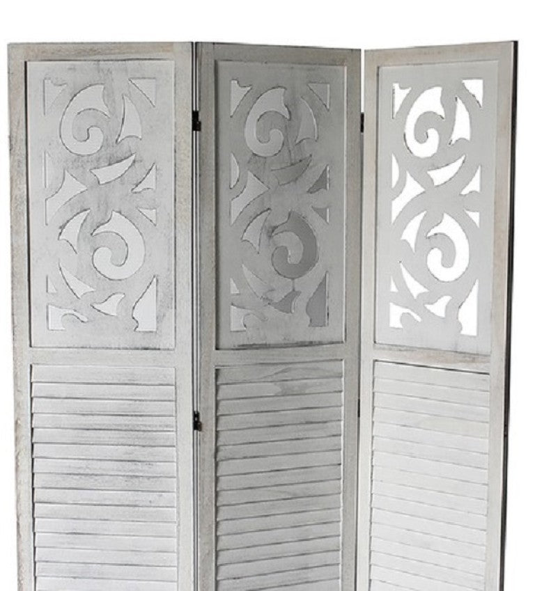English Elm Traditional Louvered Wood Room Divider with Carved Top Rail in Washed Gray Finish B011P572045