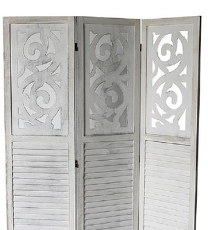 English Elm Traditional Louvered Wood Room Divider with Carved Top Rail in Washed Gray Finish B011P572045