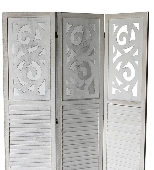 English Elm Traditional Louvered Wood Room Divider with Carved Top Rail in Washed Gray Finish B011P572045