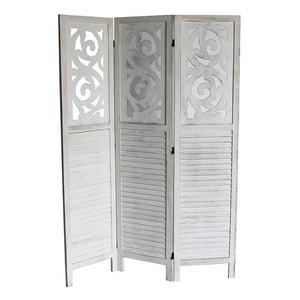 English Elm Traditional Louvered Wood Room Divider with Carved Top Rail in Washed Gray Finish B011P572045