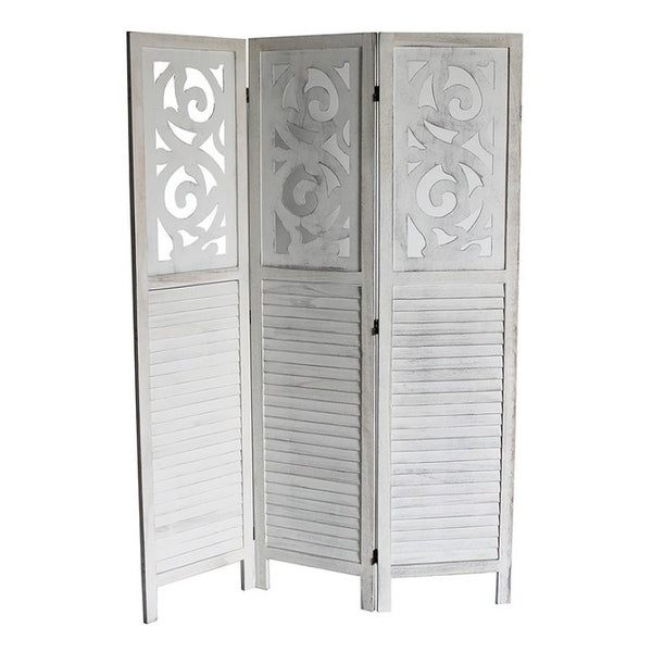 English Elm Traditional Louvered Wood Room Divider with Carved Top Rail in Washed Gray Finish B011P572045
