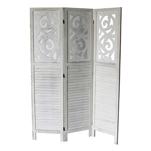 English Elm Traditional Louvered Wood Room Divider with Carved Top Rail in Washed Gray Finish B011P572045