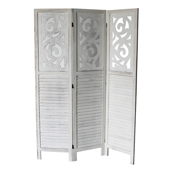English Elm Traditional Louvered Wood Room Divider with Carved Top Rail in Washed Gray Finish B011P572045