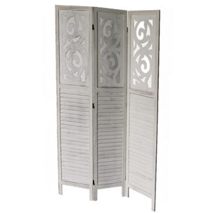 English Elm Traditional Louvered Wood Room Divider with Carved Top Rail in Washed Gray Finish B011P572045