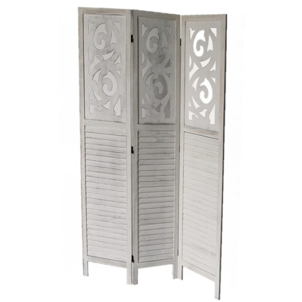 English Elm Traditional Louvered Wood Room Divider with Carved Top Rail in Washed Gray Finish B011P572045