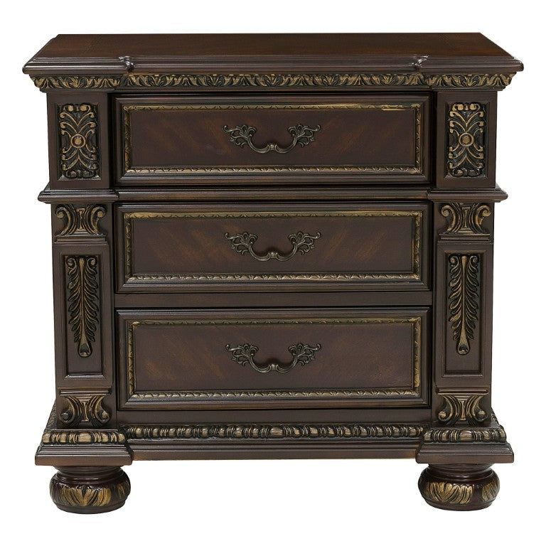 English Elm Nightstands Traditional Cherry Veneer Pair with Carved Molding and Three Drawers Each B011P572541