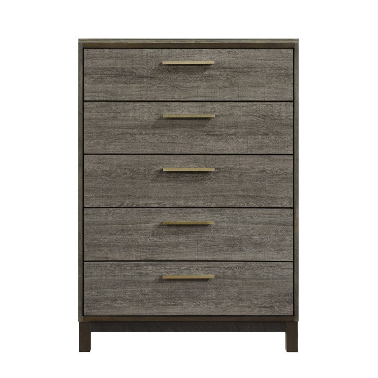 English Elm Chest of Five Drawers in Gray Veneer with Brass Pulls for Modern Bedroom B011P572654