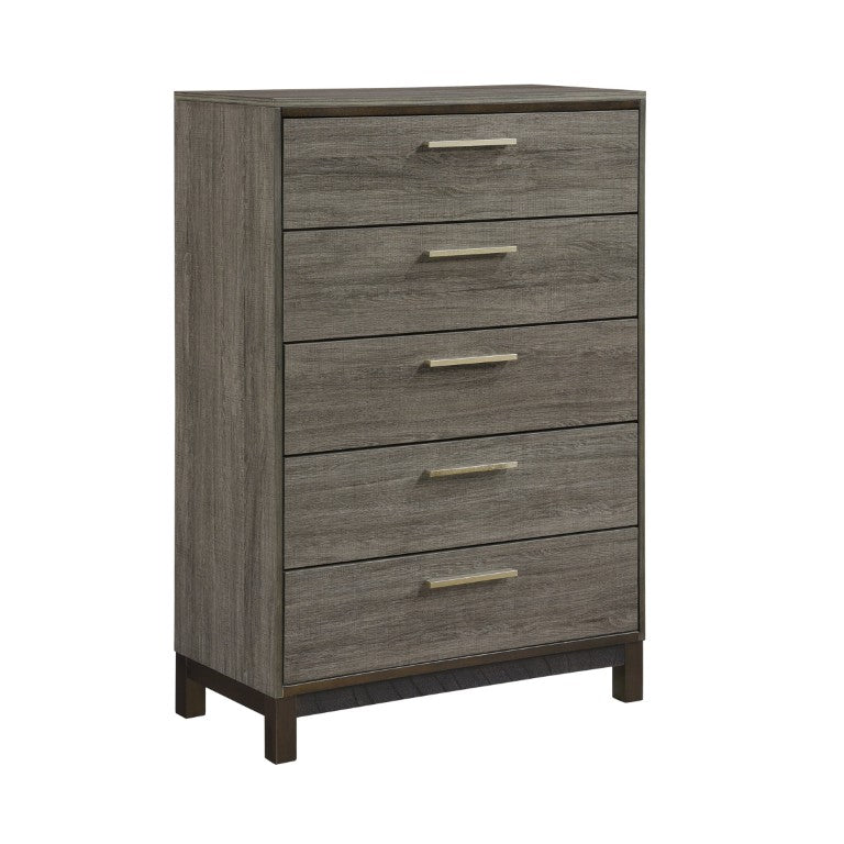 English Elm Chest of Five Drawers in Gray Veneer with Brass Pulls for Modern Bedroom B011P572654
