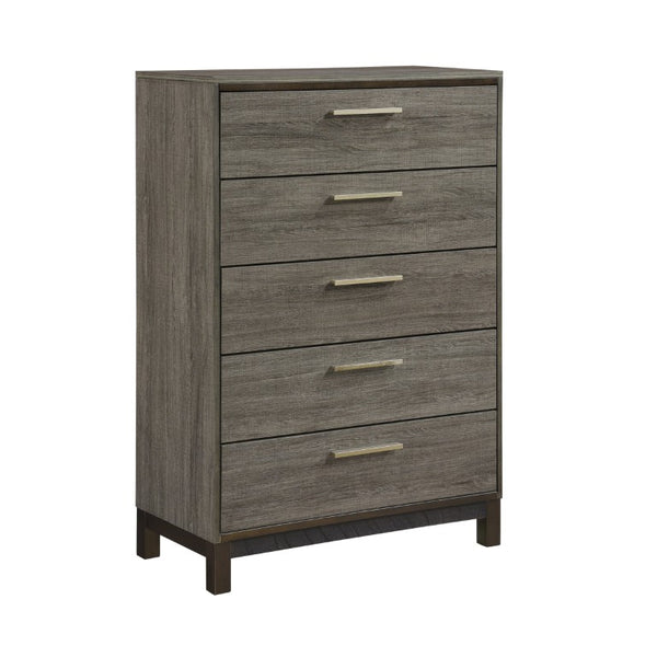 English Elm Chest of Five Drawers in Gray Veneer with Brass Pulls for Modern Bedroom B011P572654
