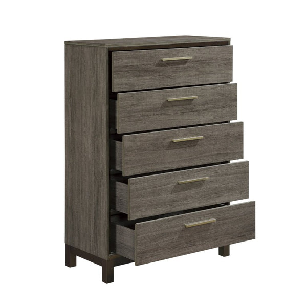 English Elm Chest of Five Drawers in Gray Veneer with Brass Pulls for Modern Bedroom B011P572654
