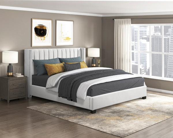 English Elm Bed Eastern King Coastal Platform with Faux Cane Headboard in Airy White Metal Beige Engineered Wood 83.5 L x 89 W x 48 H B011P572668