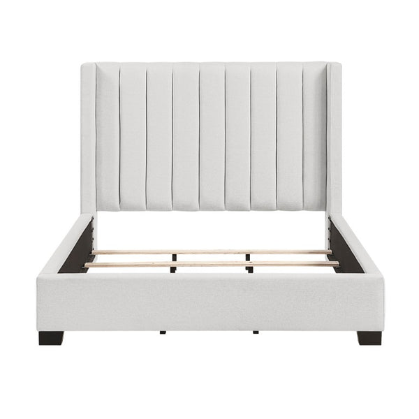 English Elm Bed Full Size Wingback Upholstered Frame with Channel Stitched Beige Polyester Fabric B011P572671
